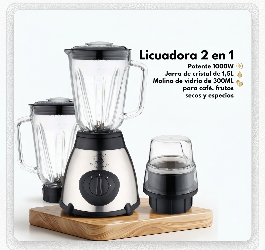 Licuadora Profesional 2 en 1 con Jarra de Cristal y Molinillo