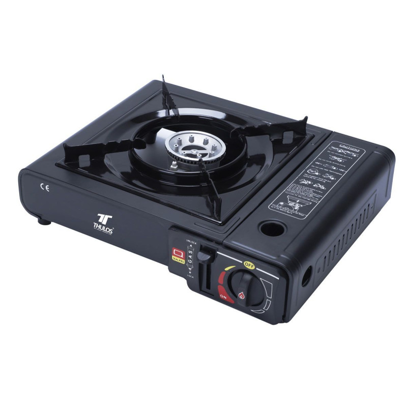 Cocina portátil dual, funciona con cartucho de gas o botella de gas externa.